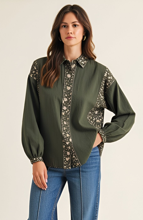Long Sleeve Floral Print Trim Button Up Shirt