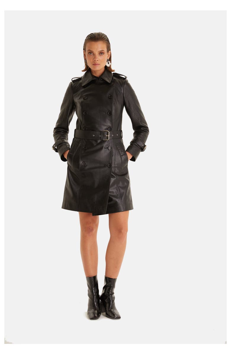 Furniq UK Greenwich Leather Trench Coat, Main, color, Black