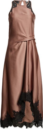 【海外限定】REISSドレス☆Anais Satin Drape Lace-Trim Midi Dr Reiss Petite Anais Satin Drape Lace-Trim Midi Dress, Mocha Brown