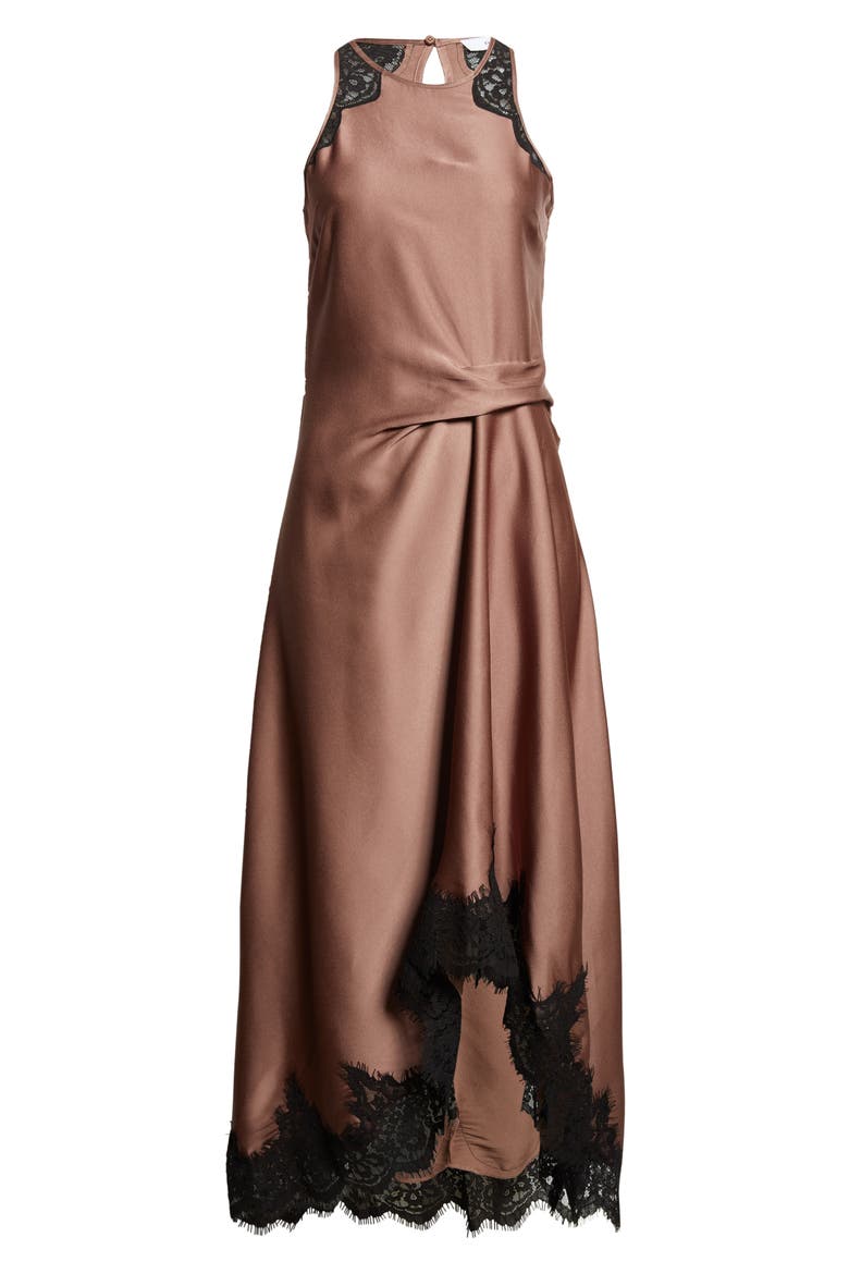 reiss brown satin dress Reiss Satin Floral Tuck Midi Dress in Brown