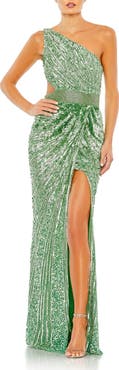 Mac Duggal Sequined One Shoulder Draped Lace Up Gown