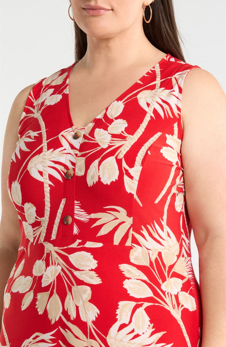 AK ANNE KLEIN Tropical Floral Print Sleeveless Midi Dress, Alternate, color, Begonia Red Mlt