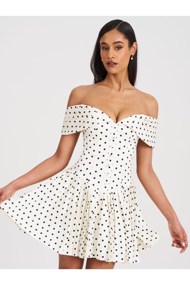 Edeline Polka Dot Off-shoulder Pleated Mini Dress, Alternate, color, White