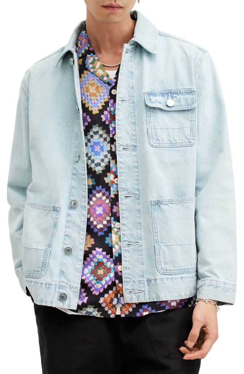 AllSaints Tunar Relaxed Fit Crochet Print Camp Shirt, Alternate, color, Jet Black