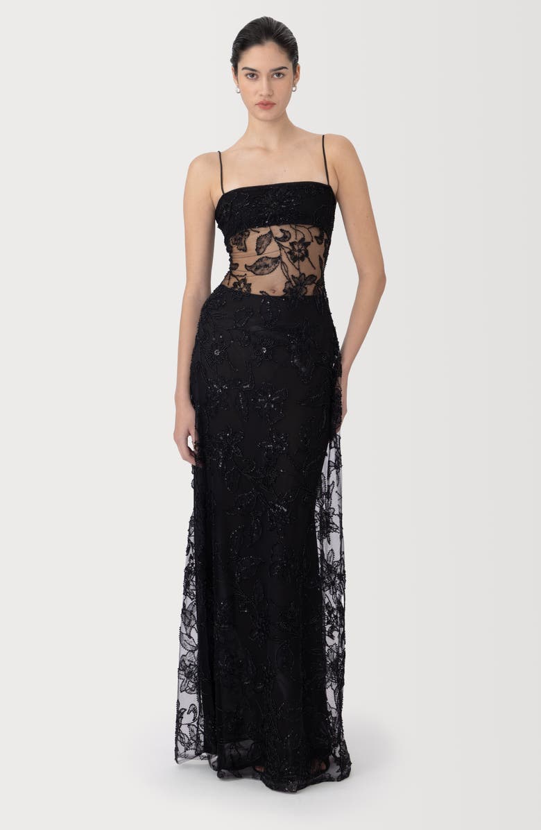 SAU LEE Adelaide Beaded Sheer Detail Gown, Alternate, color, Black