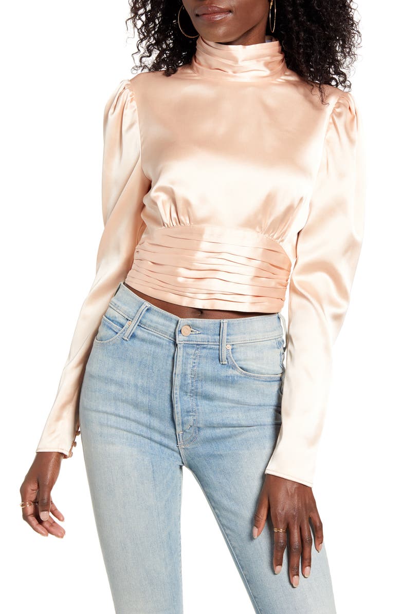 Endless Rose High Neck Open Back Satin Blouse, Main, color, 