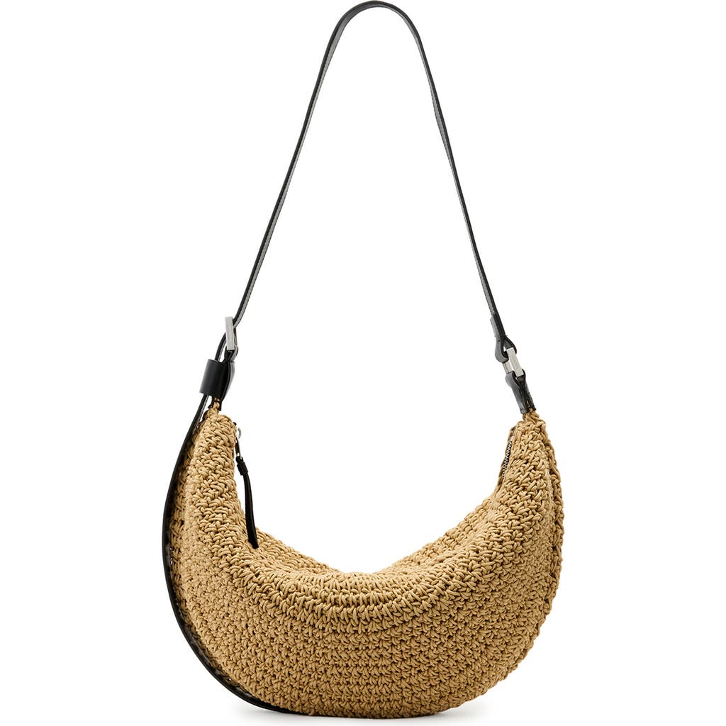 Allsaints Half Moon Straw Textured Shoulder Bag In Natural Brown