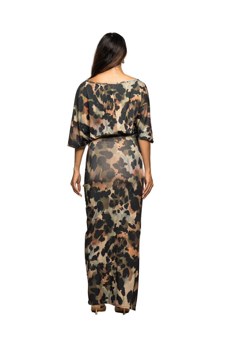 24seven Comfort Apparel Abstract Print Batwing Sleeve Maxi Dress with Slit, Alternate, color, Green Multi