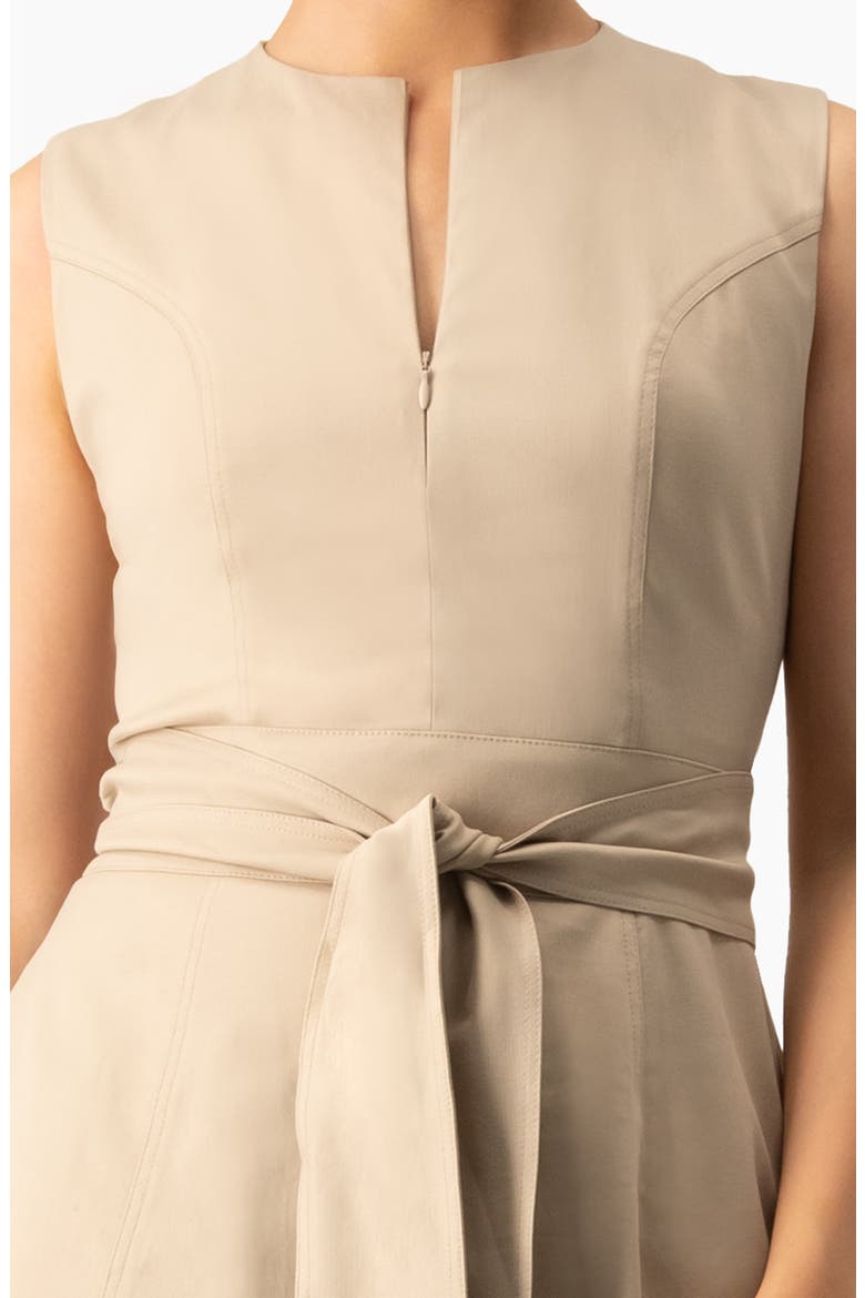 Sleeveless Belted Split Neck A-Line Midi Dress with Sash, Alternate, color, Beige