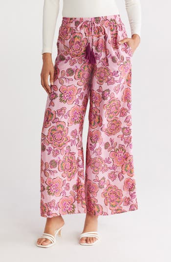 T Tahari Drawstring Waist Wide Leg Pants In Princess Floral