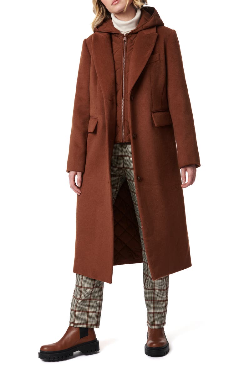 Bernardo Long Coat with Hooded Quilted Bib, Alternate, color, Tobacco