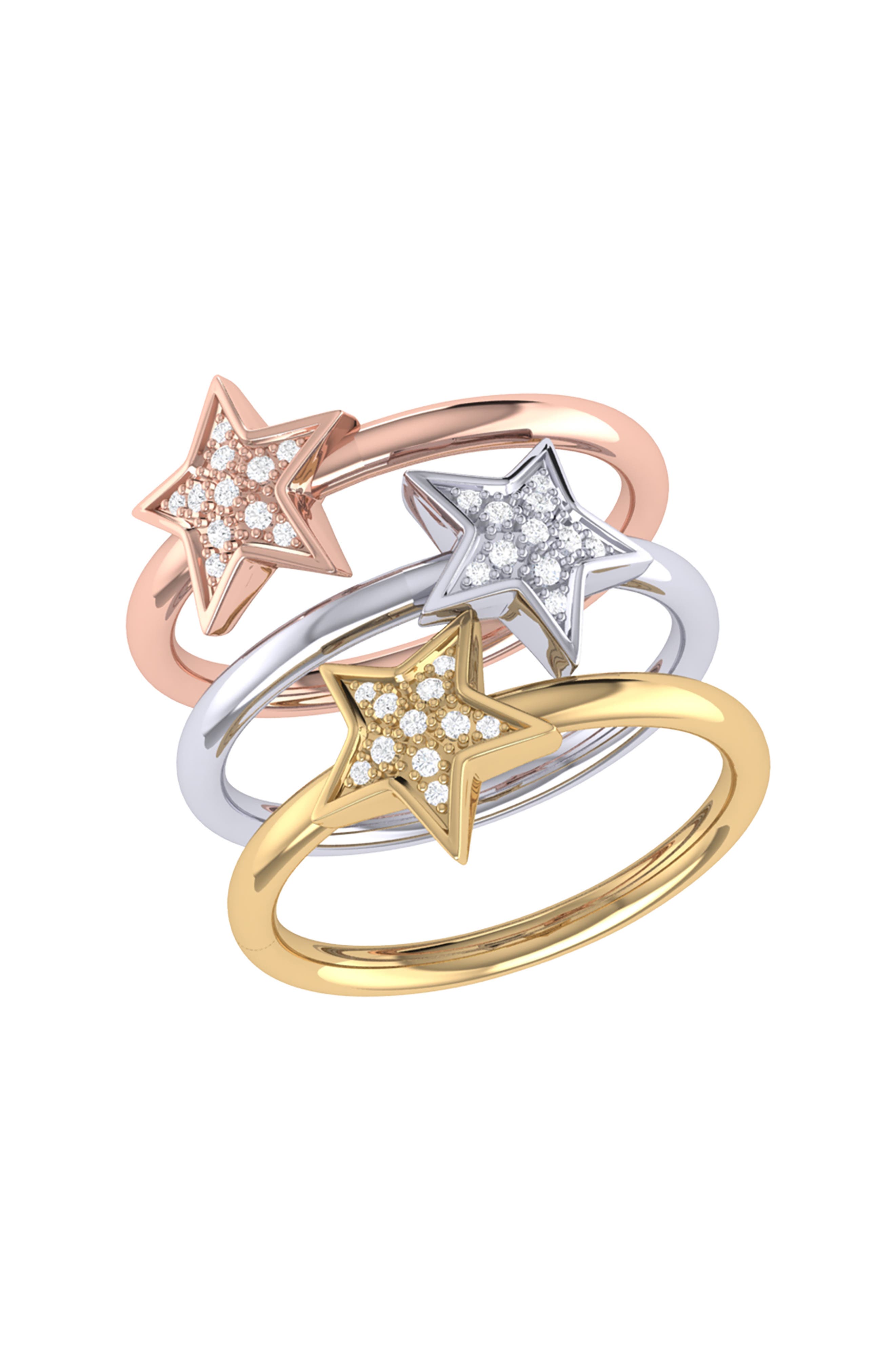 LuvMyJewelry Dreamer Set of 3 Dazzle Star Diamond Rings - 0.15ct.