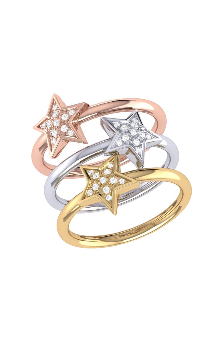 LuvMyJewelry Dreamer Set of 3 Dazzle Star Diamond Rings - 0.15ct., Main, color, White/Yellow/Rose