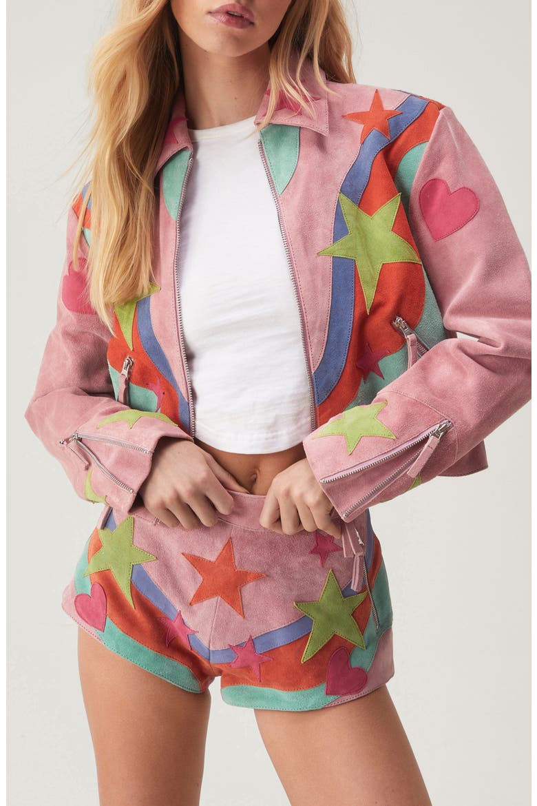 Premium Star Appliqué Suede Jacket, Alternate, color, PINK