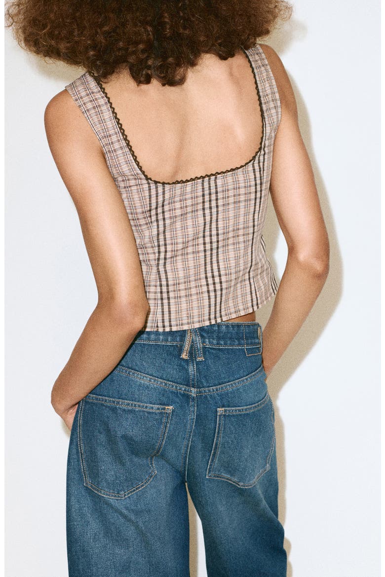 Checkered Cotton Blend Top, Alternate, color, BROWN