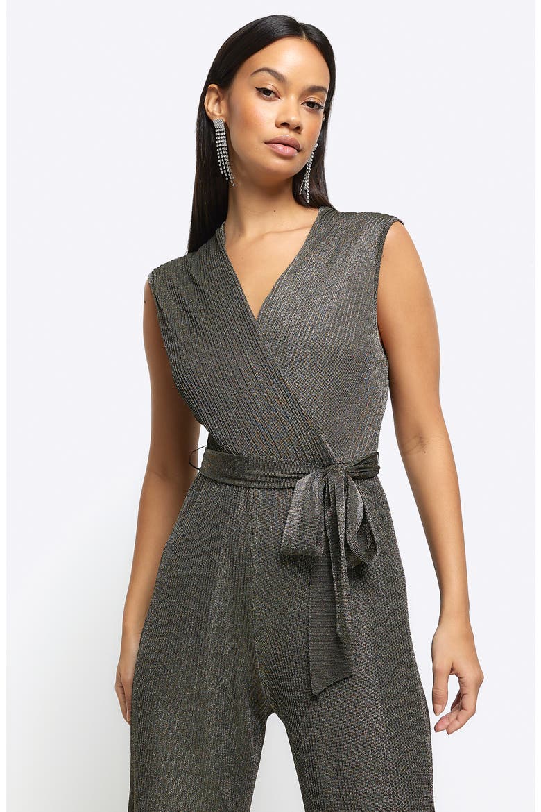 Metallic Straight Leg Plissé Jumpsuit, Alternate, color, BRONZE