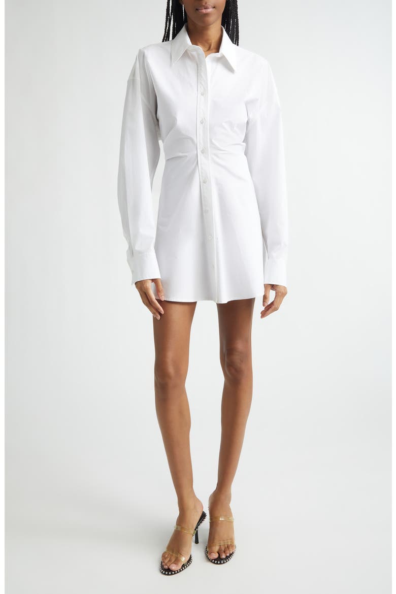 Zip Cinch Long Sleeve Stretch Cotton Mini Shirtdress, Main, color, WHITE