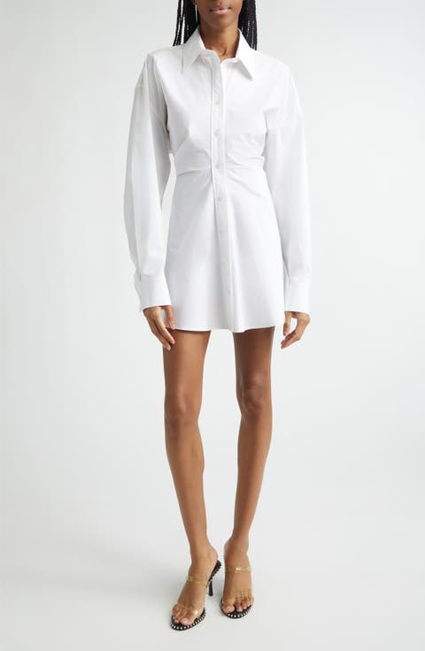 Zip Cinch Long Sleeve Stretch Cotton Mini Shirtdress