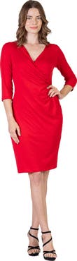 24seven Comfort Apparel Petite V Neck Faux Wrap Knee Length Dress