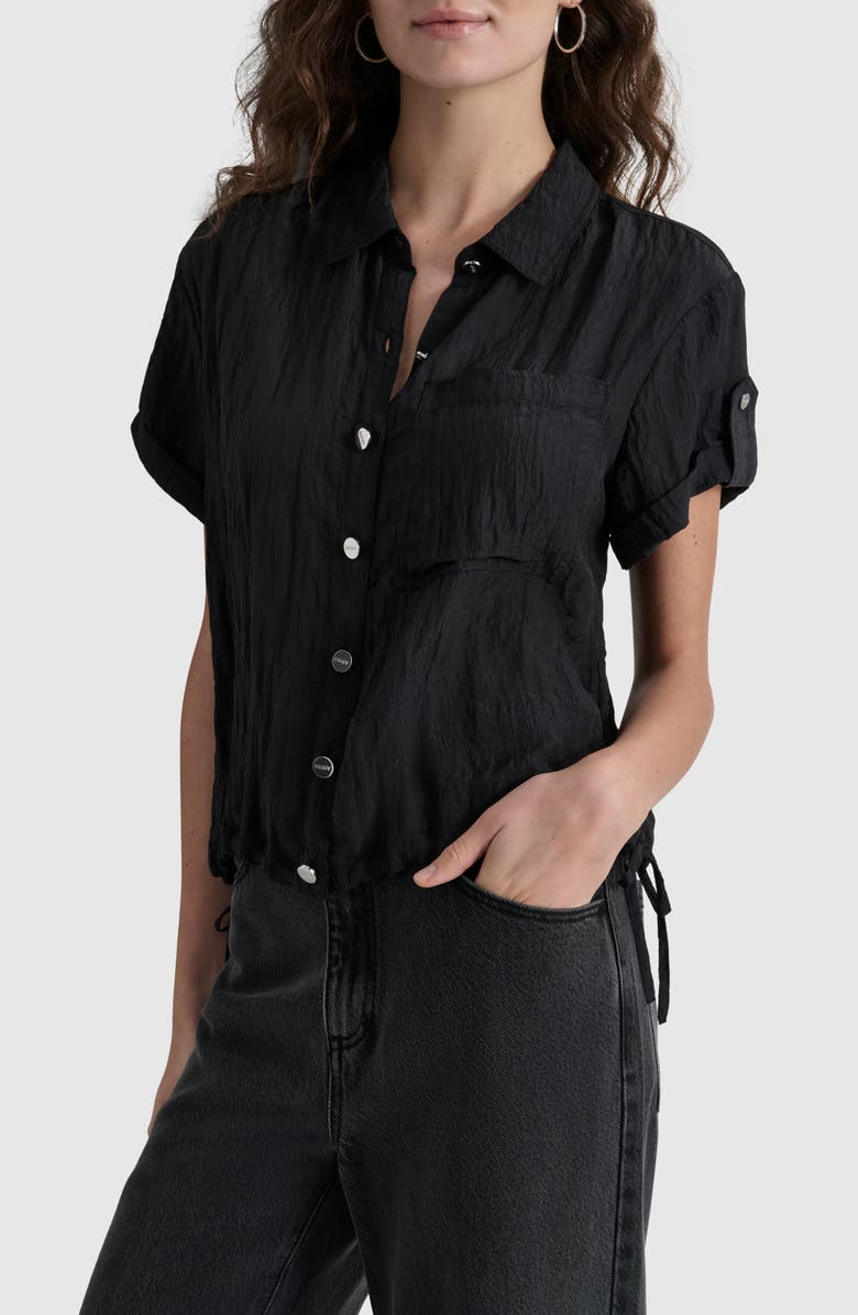 DKNY Crinkle Drawstring Hem Button-Up Shirt, Main, color, 