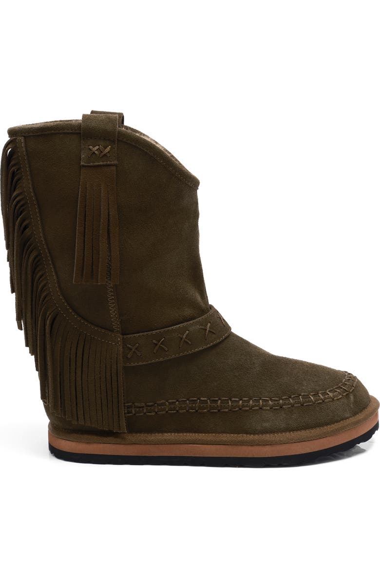 Free People Faye Fringe Faux Fur Boot, Alternate, color, Military Olive Suede