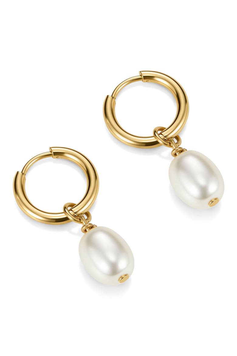 Faux Pearl Drop Huggie Hoop Earrings, Alternate, color, GOLD