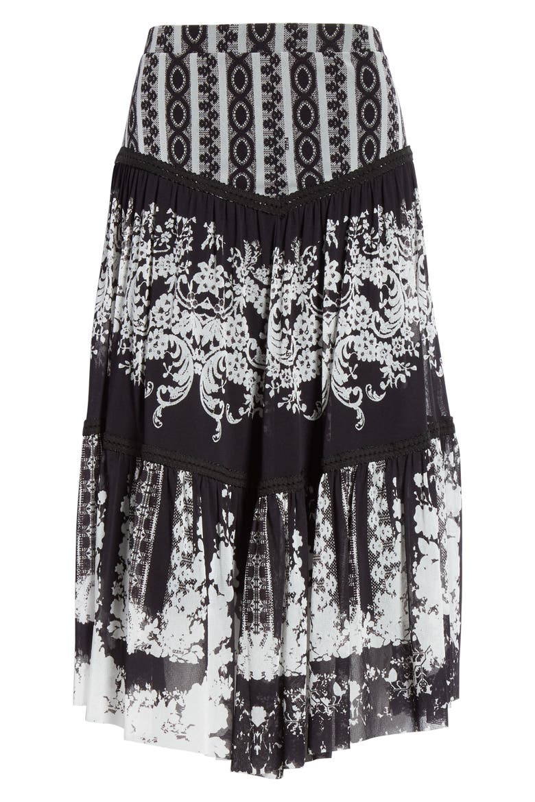 Lace Print Tiered Skirt, Alternate, color, BLACK