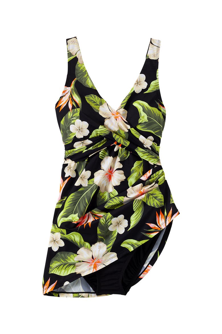 Plus Size New SlenderSuit Wrap Swim Dress Swimsuit, Alternate, color, Hibiscus Floral/Black