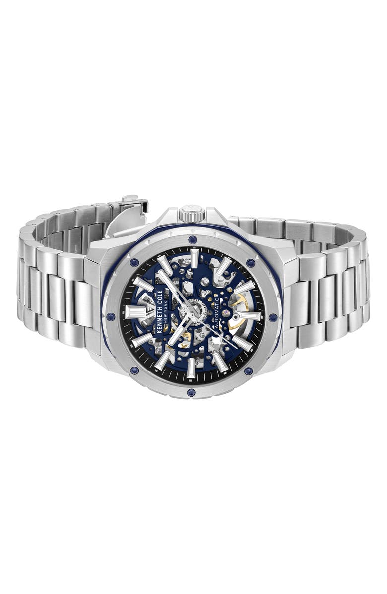 Kenneth Cole New York The Hollis Skeleton Automatic Bracelet Watch, 45mm, Alternate, color, Silver