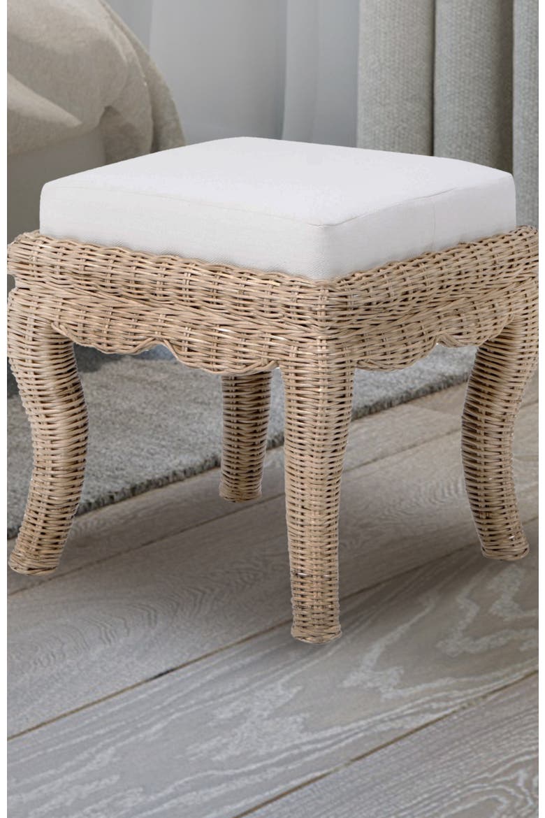 Rowan Coastal Woven Rattan Vanity Stool with Upholstered Cushion, Mango Wood Backless Makeup Chair for Bedroom Bath, Alternate, color, Natural
