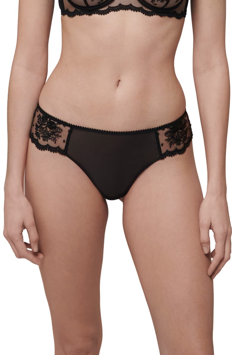 Simone Perele Intrigue Floral Embroidered Tanga, Main, color, Black