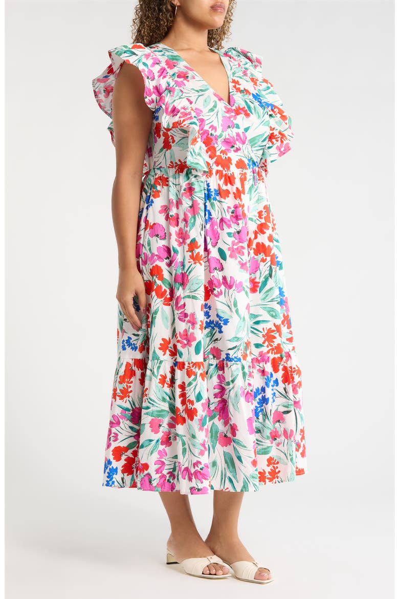 Kivia Smocked Floral Cotton Midi Dress, Alternate, color, WHT-RED-BLUE