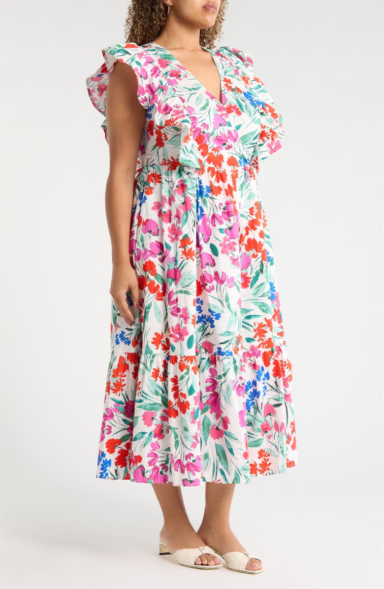 SUGARLIPS Kivia Smocked Floral Cotton Midi Dress, Alternate, color, Wht-Red-Blue