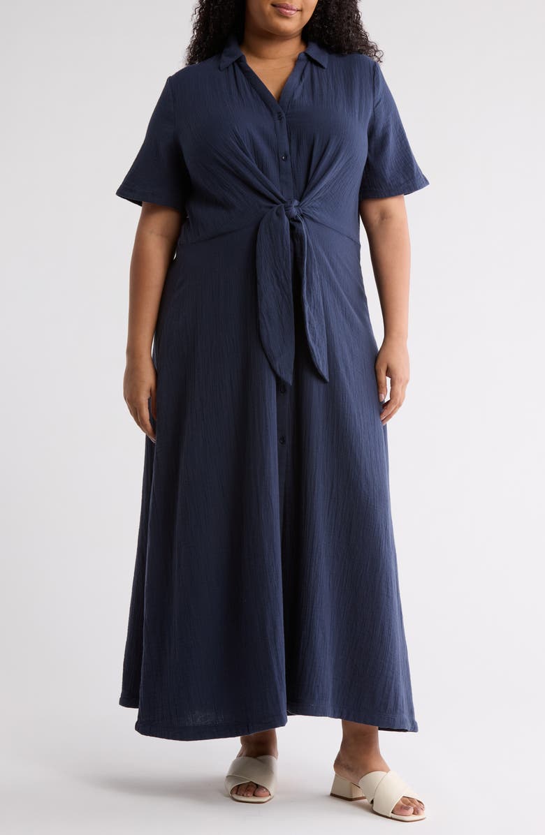 Caslon<sup>®</sup> Cotton Gauze Tie Front Dress, Main, color, Navy Blazer