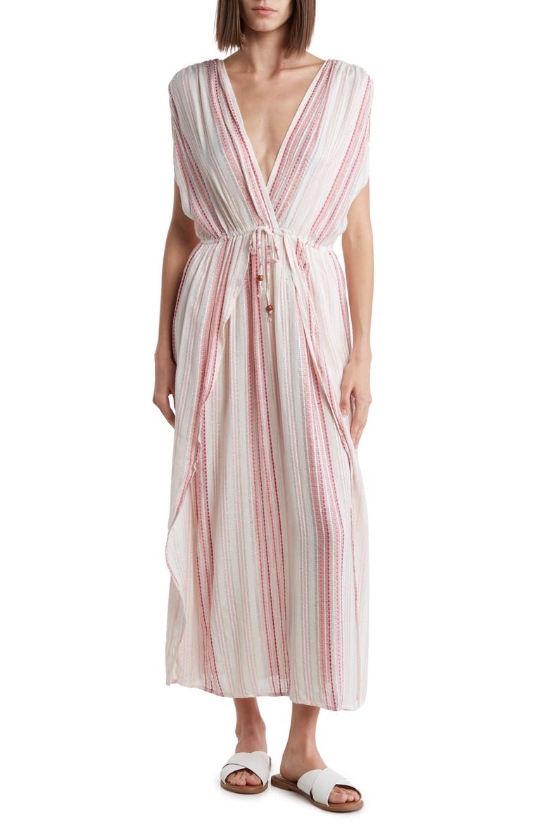 Yarn Dye Front Tie V-Neck Cover-Up Dress, Main, color, WHITE/PINK