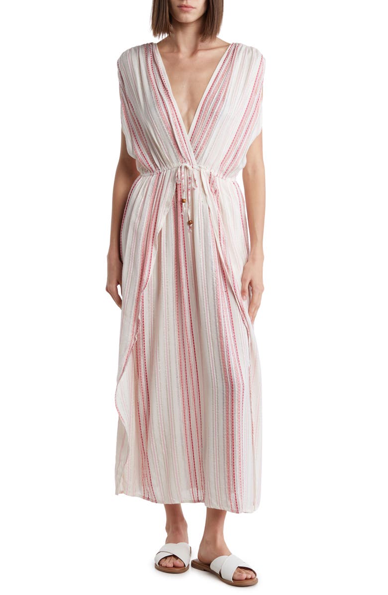 BOHO ME Yarn Dye Front Tie V-Neck Cover-Up Dress, Main, color, White/Pink