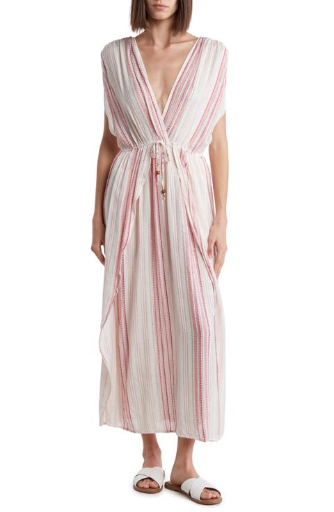 Yarn Dye Front Tie V-Neck Cover-Up Dress