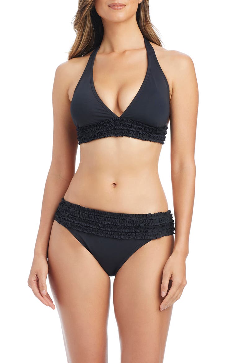 Ruffle Halter Bikini Top, Alternate, color, BLACK