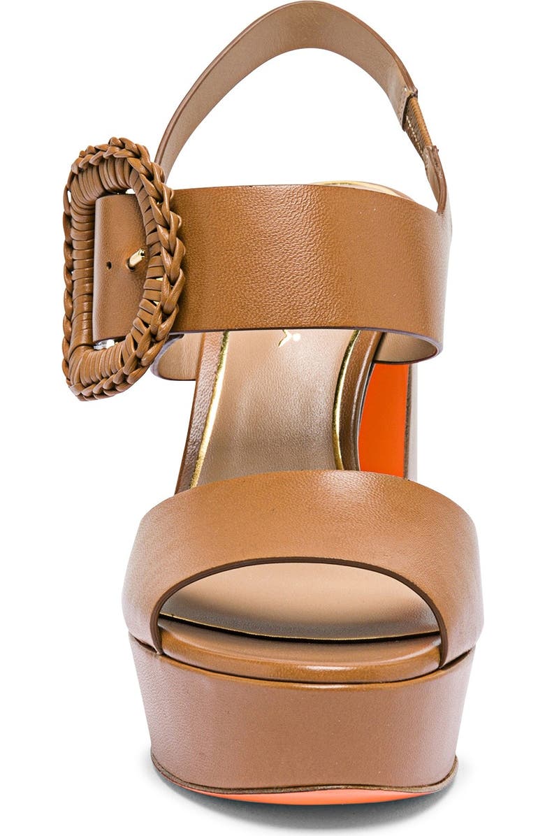 Santoni Leather High-Heel Sandal with Woven Buckle, Alternate, color, Light Brown