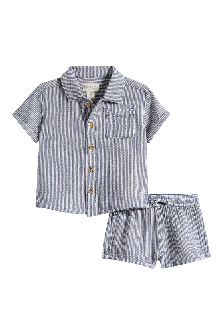 Short Sleeve Organic Cotton Button-Up Shirt & Shorts Set, Main, color, BLUE STRIPE