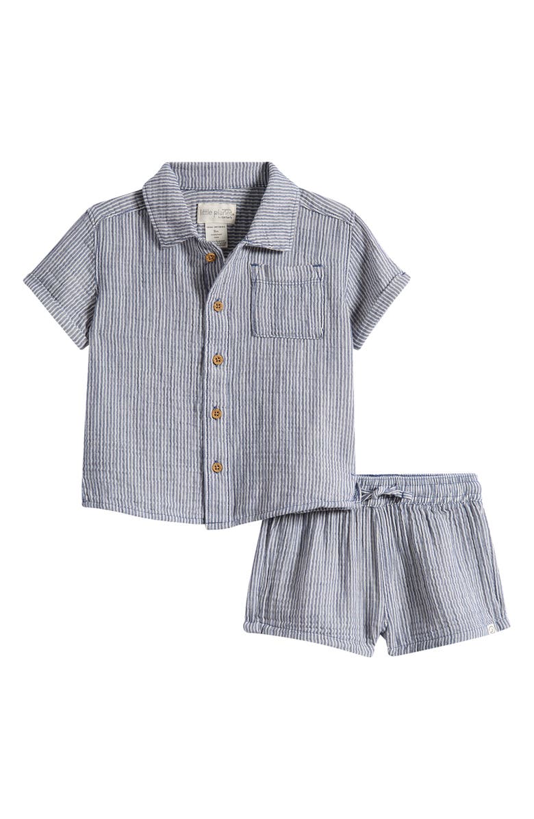 Little Planet Short Sleeve Organic Cotton Button-Up Shirt & Shorts Set, Main, color, Blue Stripe