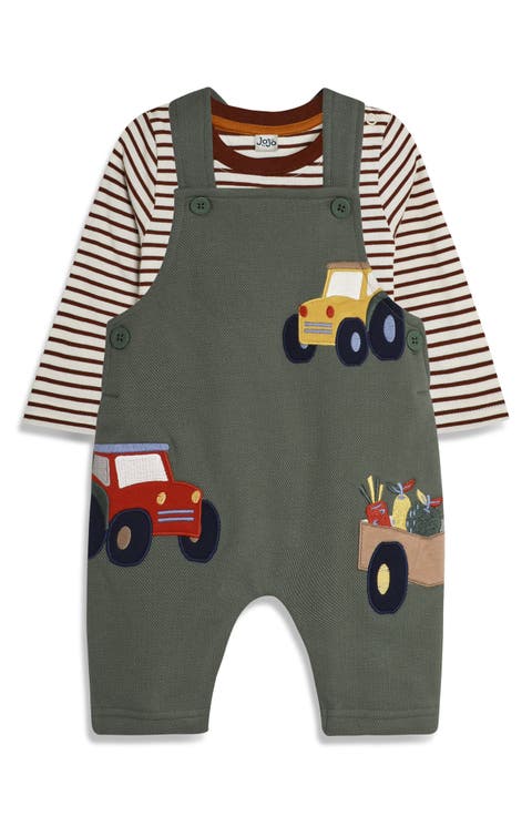 Stripe Long Sleeve Cotton T-Shirt & Tractor Appliqué Overalls Set (Baby)