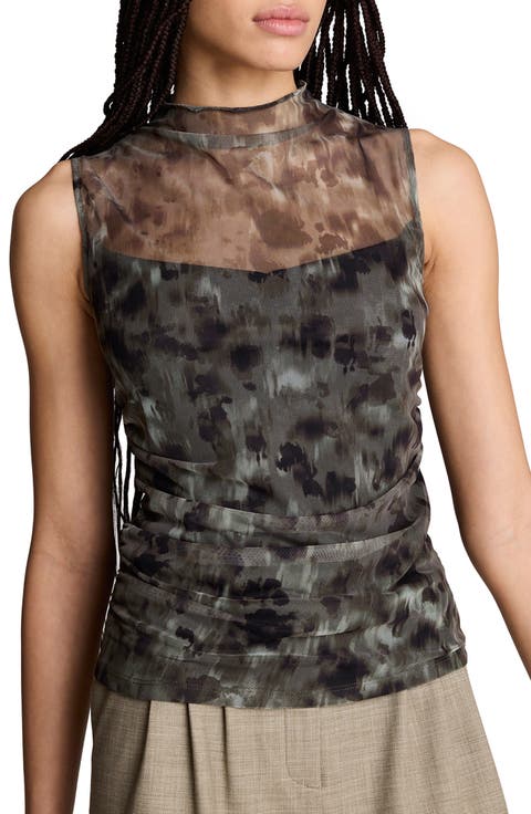 Mock Neck Draped Mesh Top