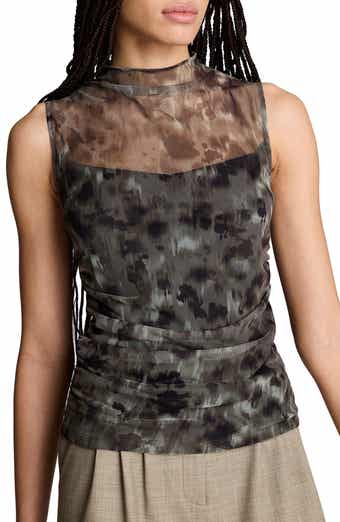 Mock Neck Draped Mesh Top