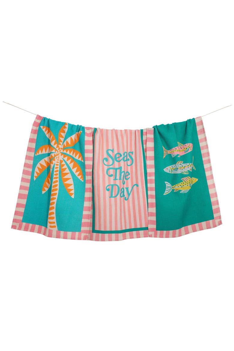 Seas the Day Set of 3 Cotton Waffle Kitchen Towels, Main, color, TEAL/ PINK/ ORANGE/