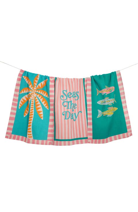 Seas the Day Set of 3 Cotton Waffle Kitchen Towels