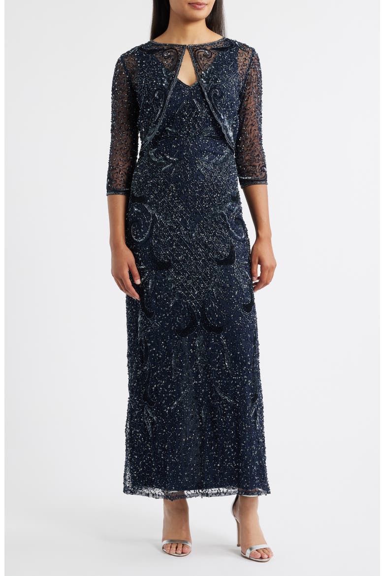 Beaded Sequin Embellished Mesh Column Gown with Jacket, Main, color, NAVY