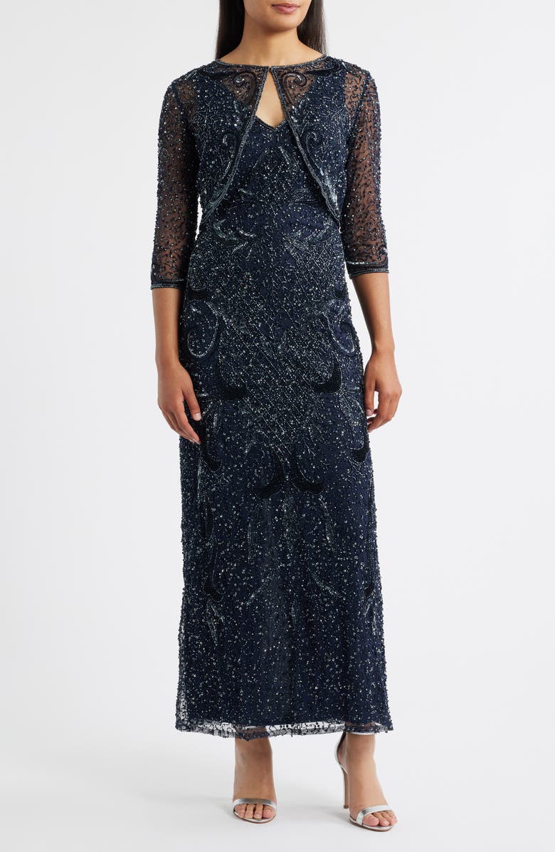 Pisarro Nights Beaded Sequin Embellished Mesh Column Gown with Jacket, Main, color, Navy