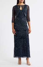 Pisarro Nights Beaded Sequin Embellished Mesh Column Gown with Jacket