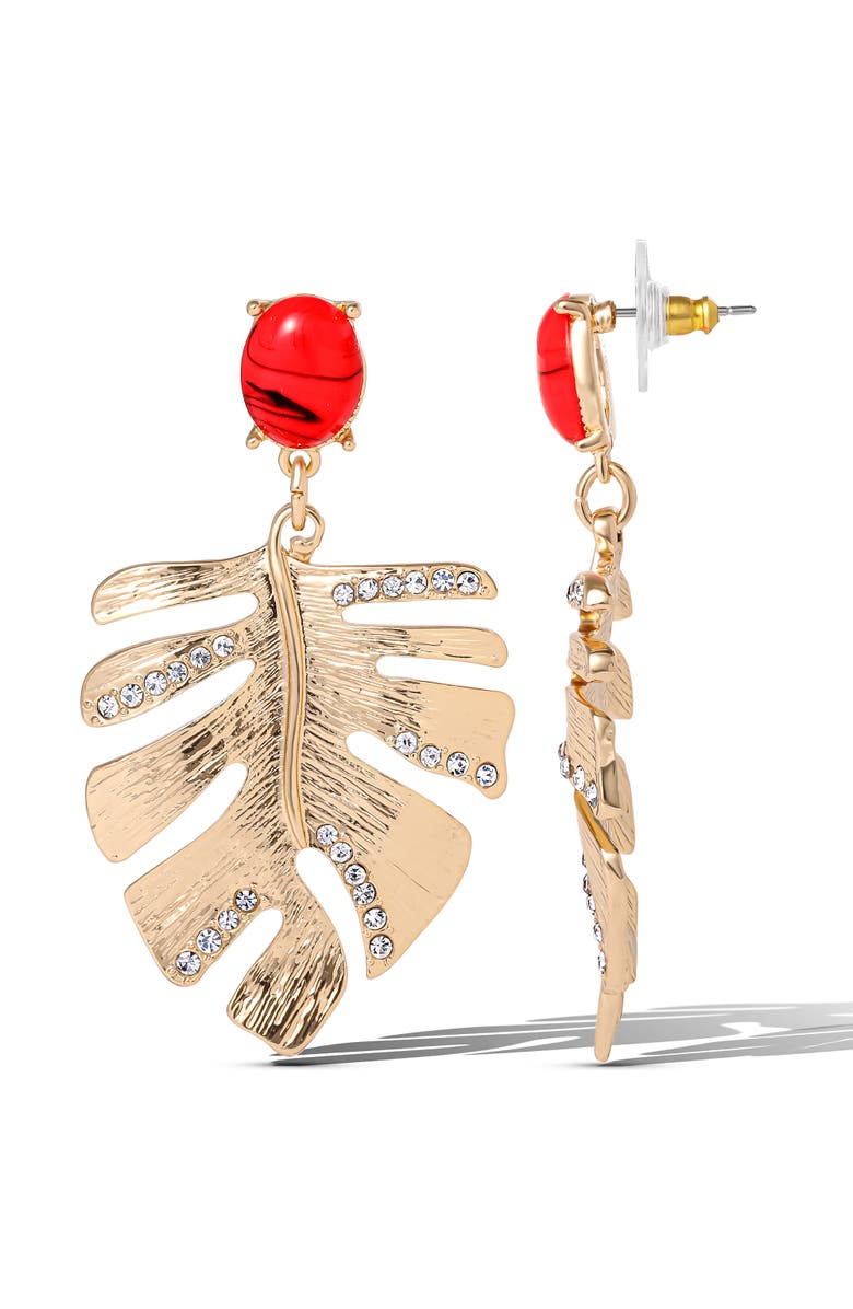 Jessica Simpson Gold-Tone Tropical Leaf Drop Earrings with Red Accents, Statement Earrings with Crystal Detailing, Alternate, color, Gold